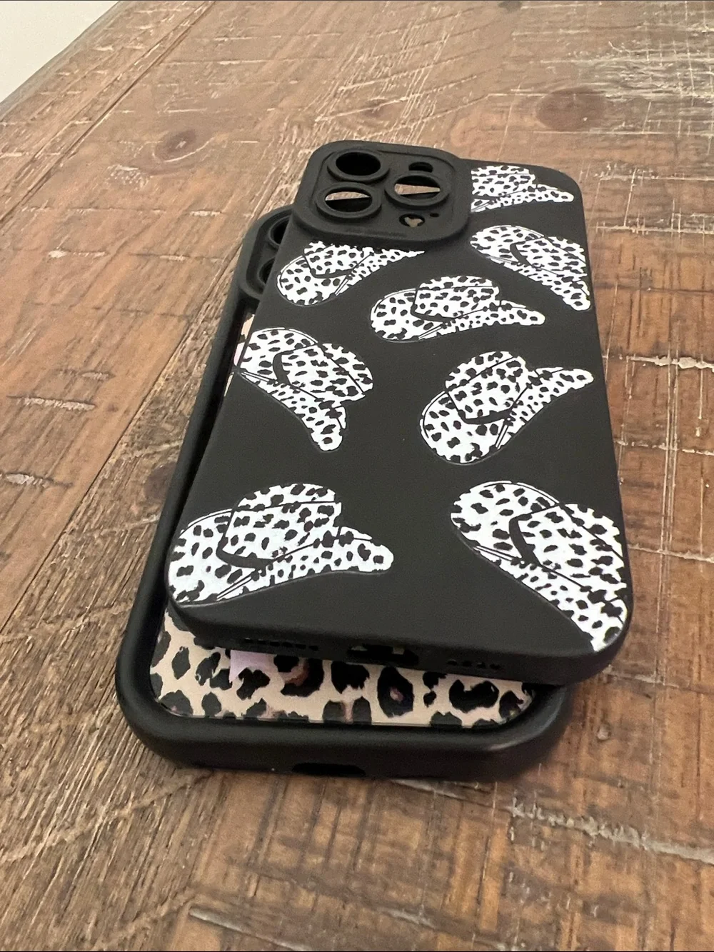 iPhone 14 Max Pro Leopard Print Phone Case Pink Bows - Black Trim & Cowboy hats